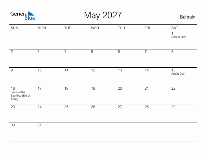 Printable May 2027 Calendar for Bahrain