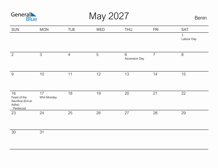 Printable May 2027 Calendar for Benin
