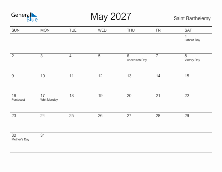 Printable May 2027 Calendar for Saint Barthelemy