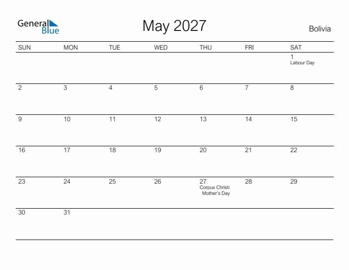 Printable May 2027 Calendar for Bolivia