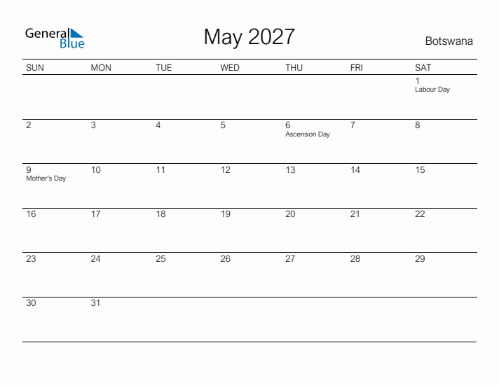 Printable May 2027 Calendar for Botswana