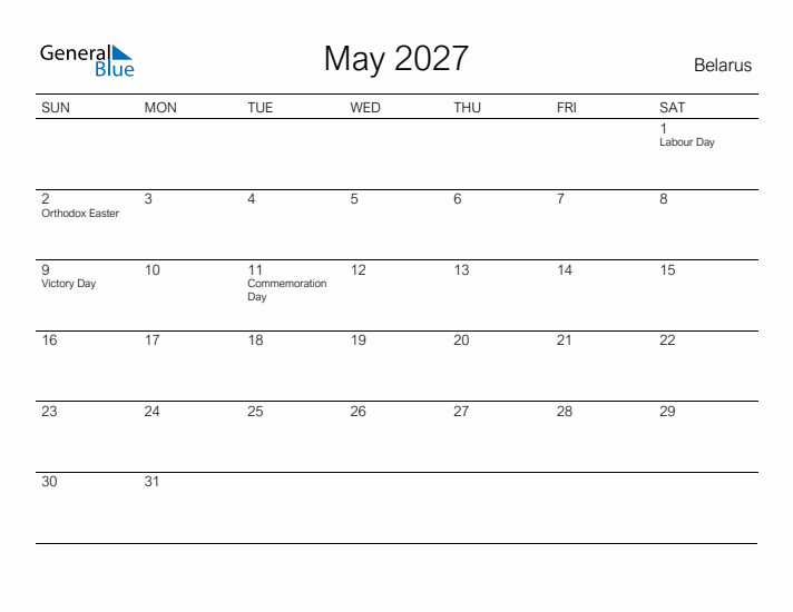 Printable May 2027 Calendar for Belarus