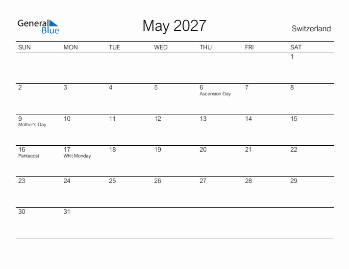 Printable May 2027 Calendar for Switzerland