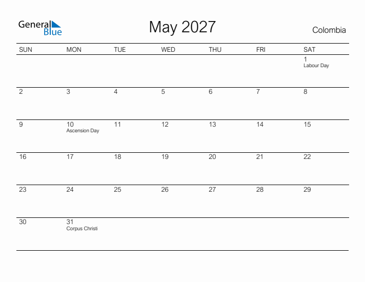 Printable May 2027 Calendar for Colombia