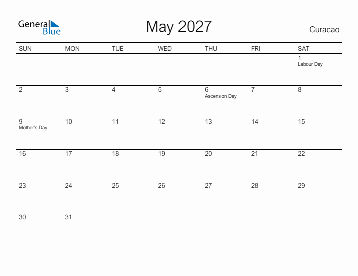 Printable May 2027 Calendar for Curacao