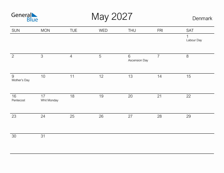 Printable May 2027 Calendar for Denmark