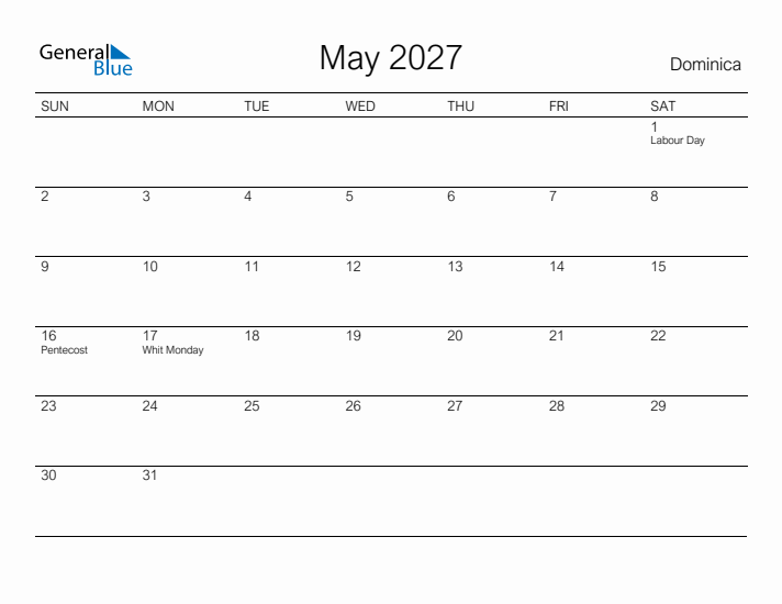 Printable May 2027 Calendar for Dominica