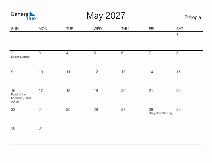 Printable May 2027 Calendar for Ethiopia