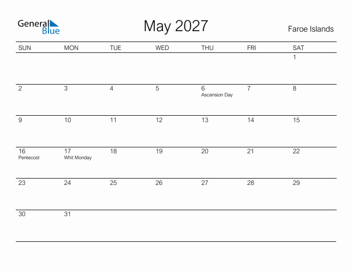 Printable May 2027 Calendar for Faroe Islands