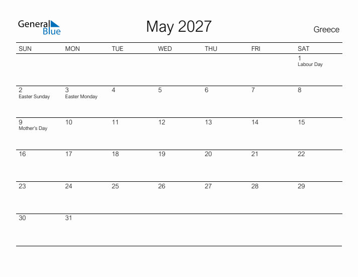 Printable May 2027 Calendar for Greece