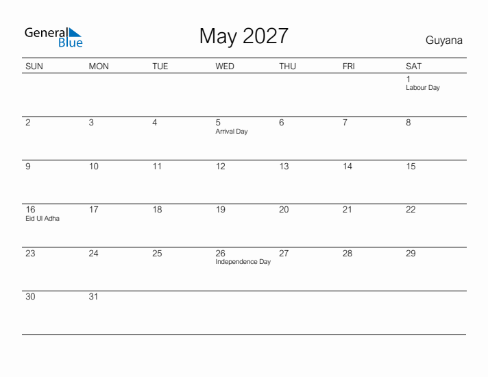 Printable May 2027 Calendar for Guyana