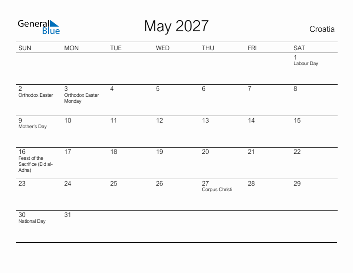 Printable May 2027 Calendar for Croatia