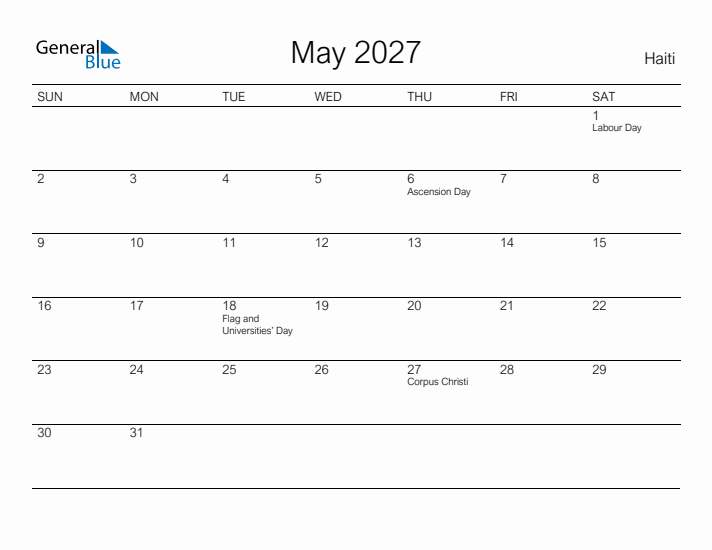 Printable May 2027 Calendar for Haiti