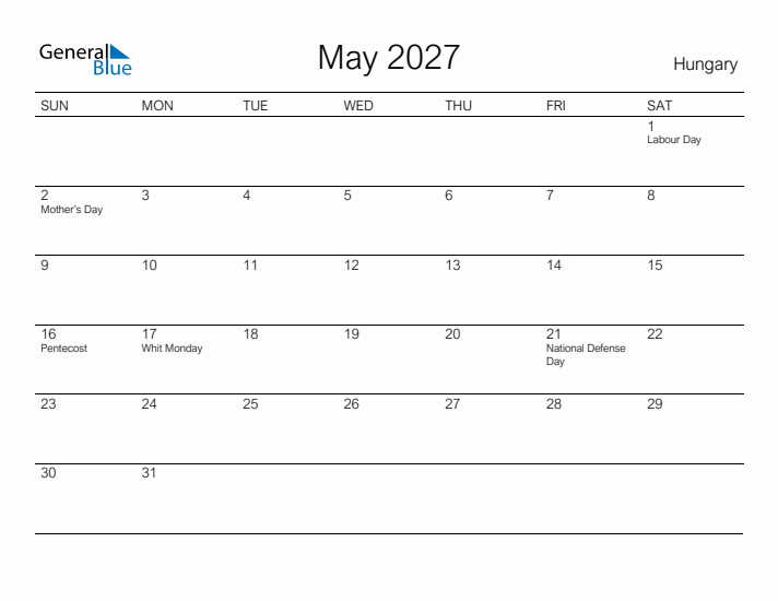 Printable May 2027 Calendar for Hungary