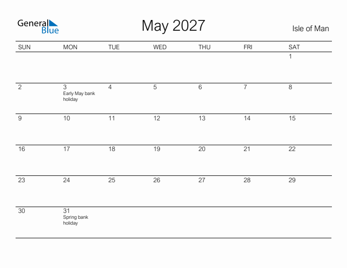 Printable May 2027 Calendar for Isle of Man