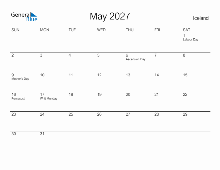 Printable May 2027 Calendar for Iceland