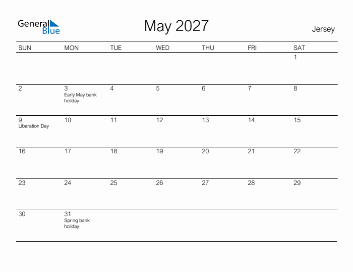 Printable May 2027 Calendar for Jersey