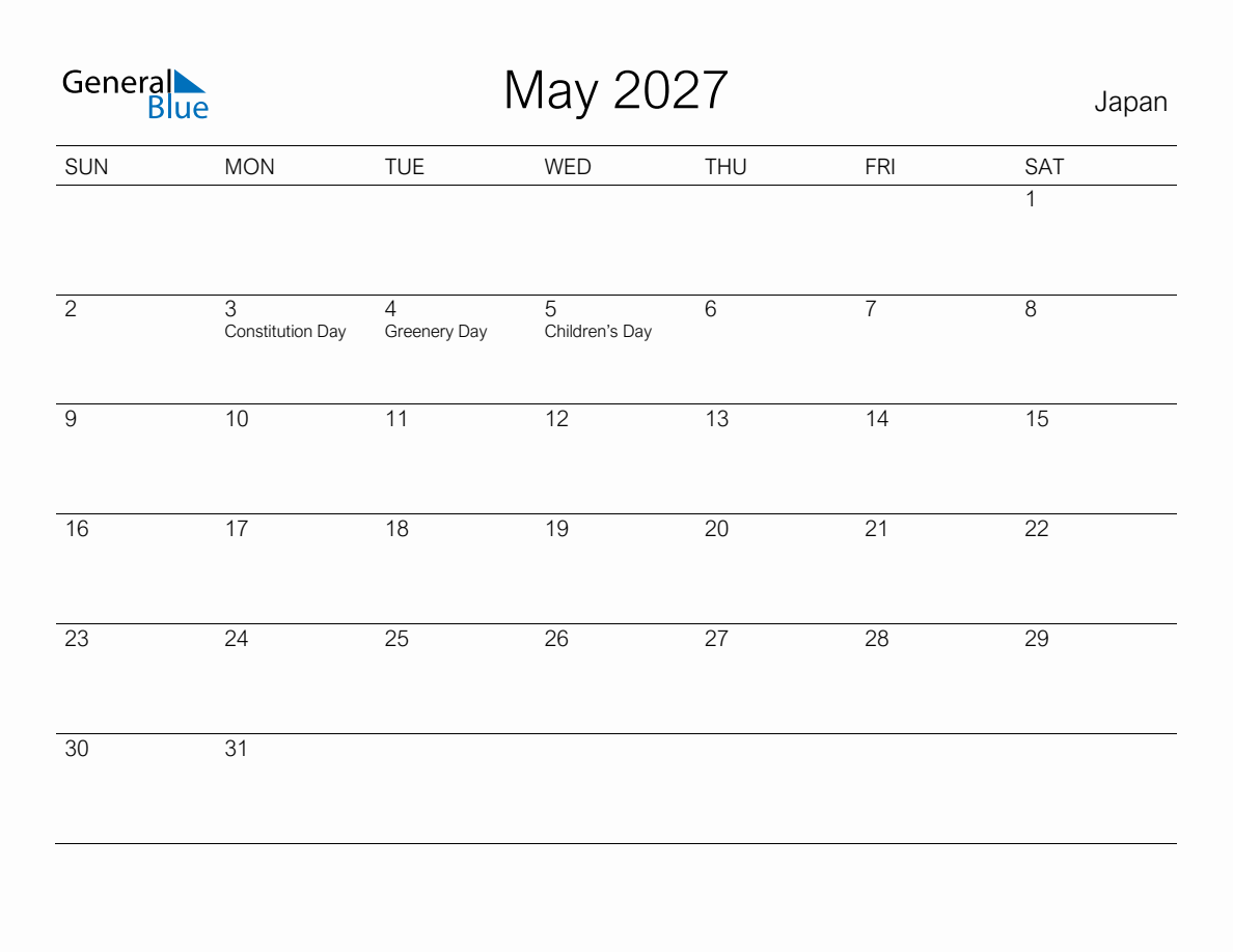 Printable May 2027 Monthly Calendar with Holidays for Japan