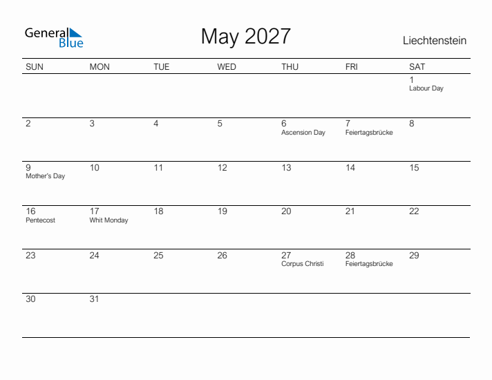 Printable May 2027 Calendar for Liechtenstein