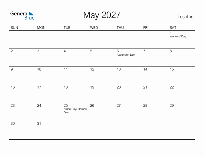 Printable May 2027 Calendar for Lesotho