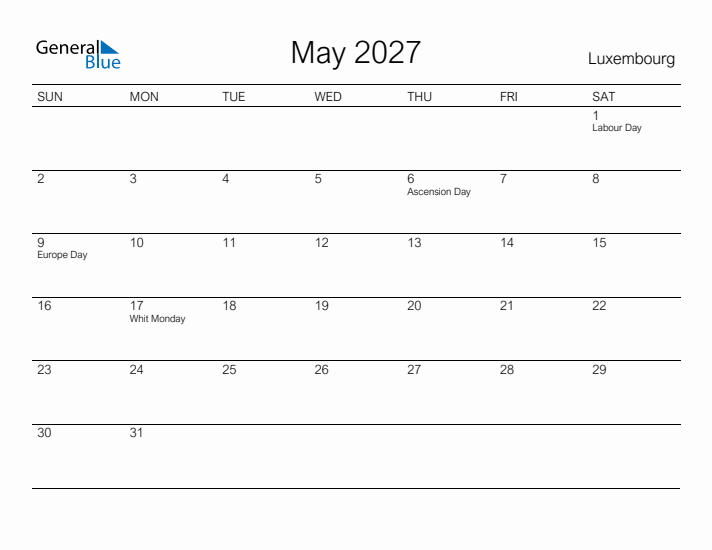 Printable May 2027 Calendar for Luxembourg