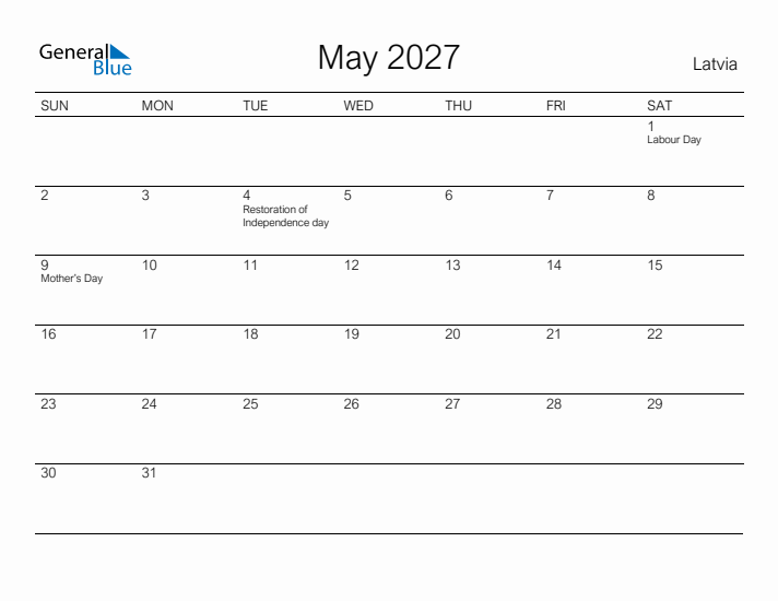 Printable May 2027 Calendar for Latvia