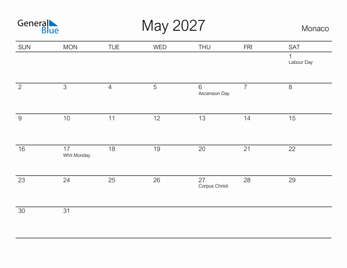 Printable May 2027 Calendar for Monaco