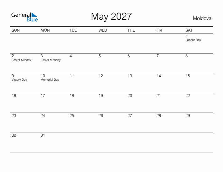 Printable May 2027 Calendar for Moldova