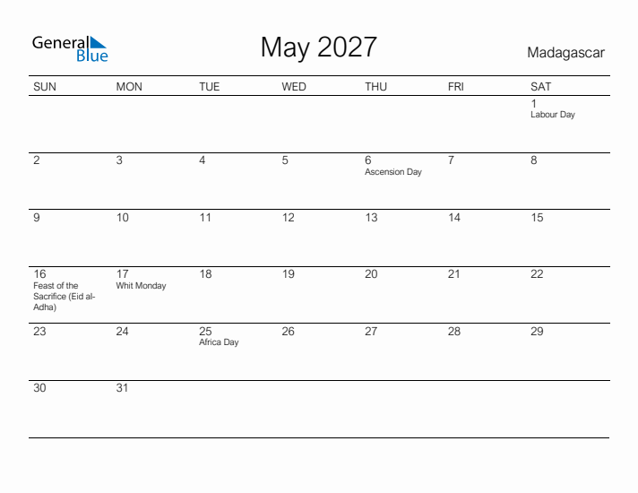 Printable May 2027 Calendar for Madagascar