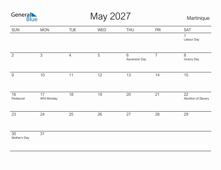 Printable May 2027 Calendar for Martinique