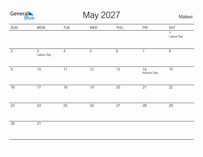 Printable May 2027 Calendar for Malawi