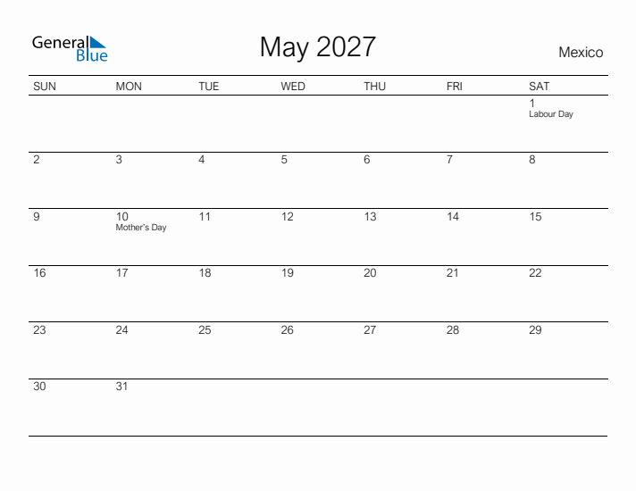 Printable May 2027 Calendar for Mexico