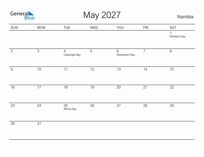 Printable May 2027 Calendar for Namibia