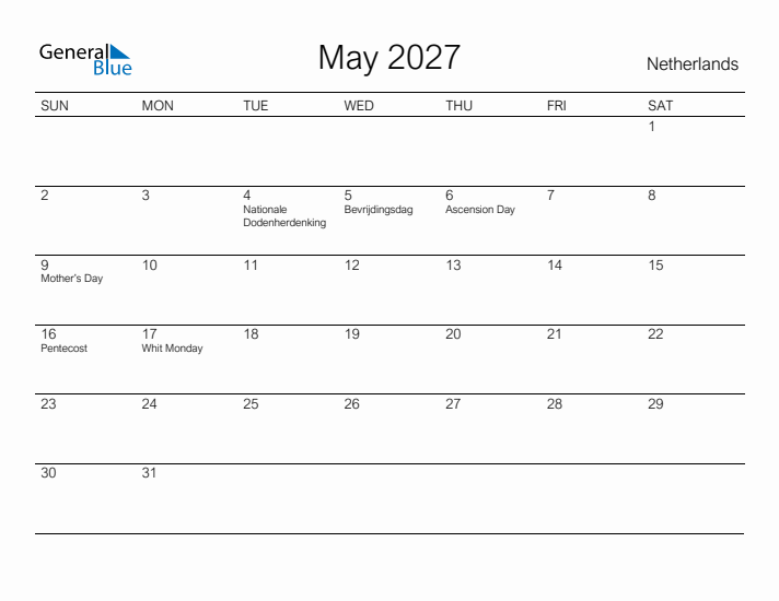 Printable May 2027 Calendar for The Netherlands