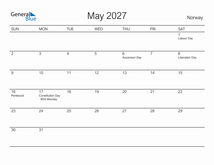 Printable May 2027 Calendar for Norway