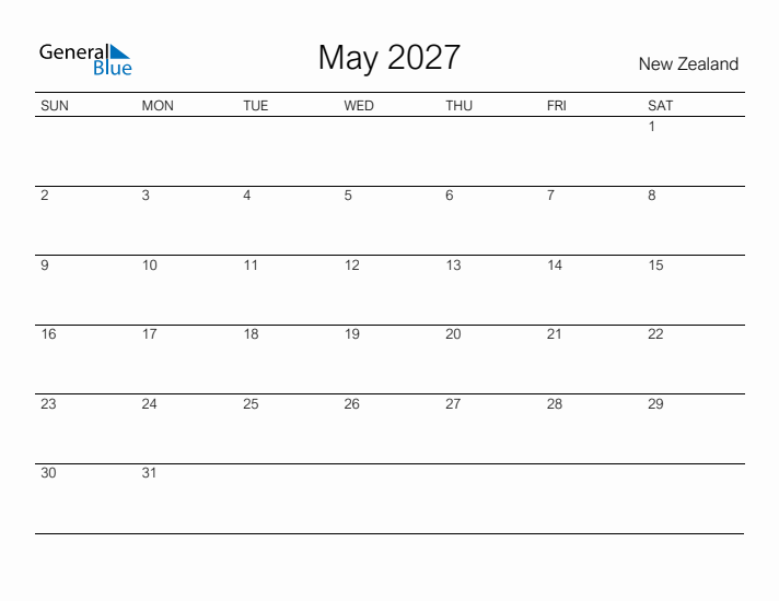 Printable May 2027 Calendar for New Zealand