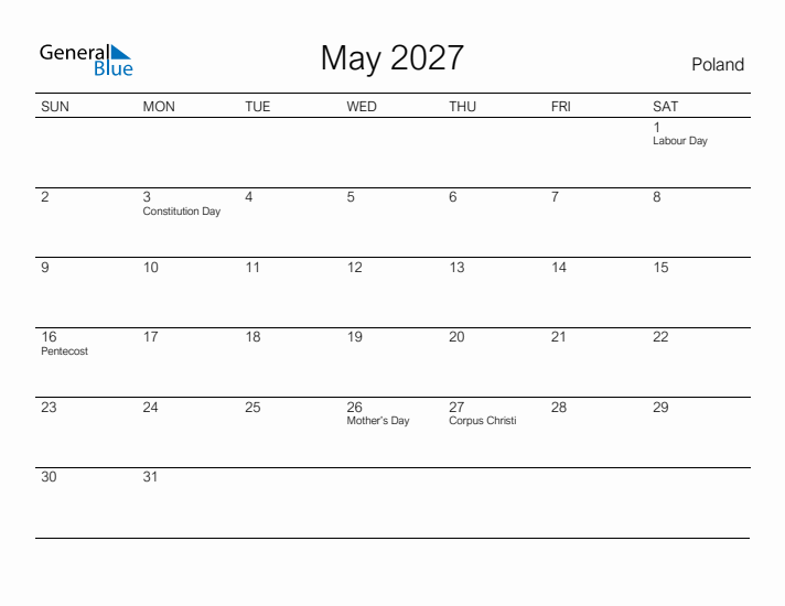 Printable May 2027 Calendar for Poland
