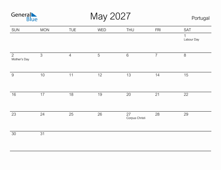 Printable May 2027 Calendar for Portugal