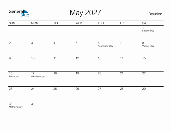Printable May 2027 Calendar for Reunion