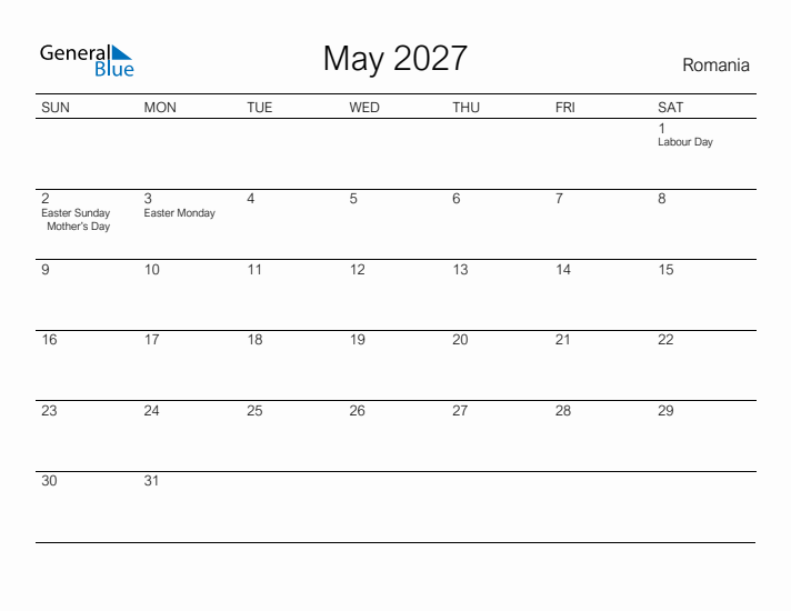 Printable May 2027 Calendar for Romania
