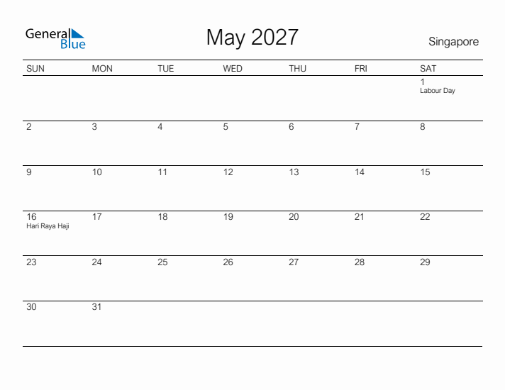 Printable May 2027 Calendar for Singapore
