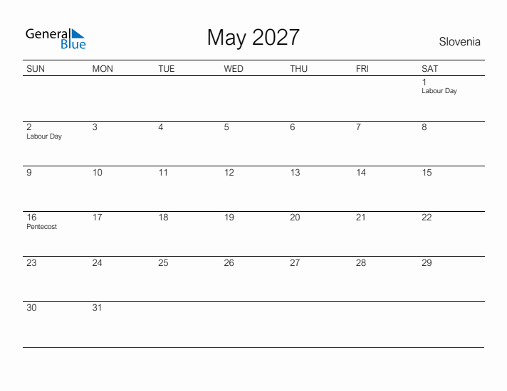 Printable May 2027 Calendar for Slovenia