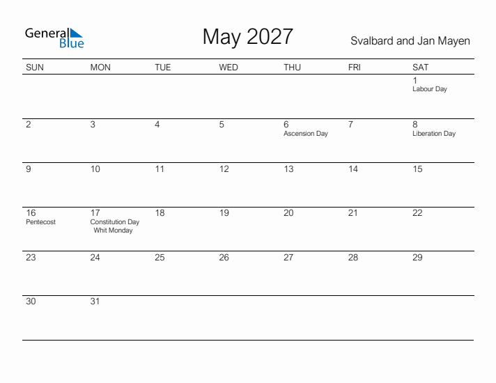 Printable May 2027 Calendar for Svalbard and Jan Mayen