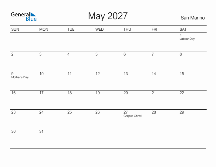 Printable May 2027 Calendar for San Marino