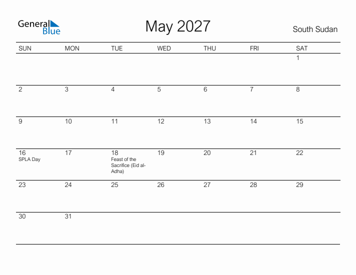 Printable May 2027 Calendar for South Sudan