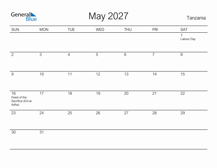 Printable May 2027 Calendar for Tanzania