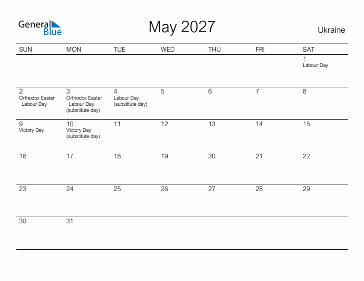 Printable May 2027 Calendar for Ukraine