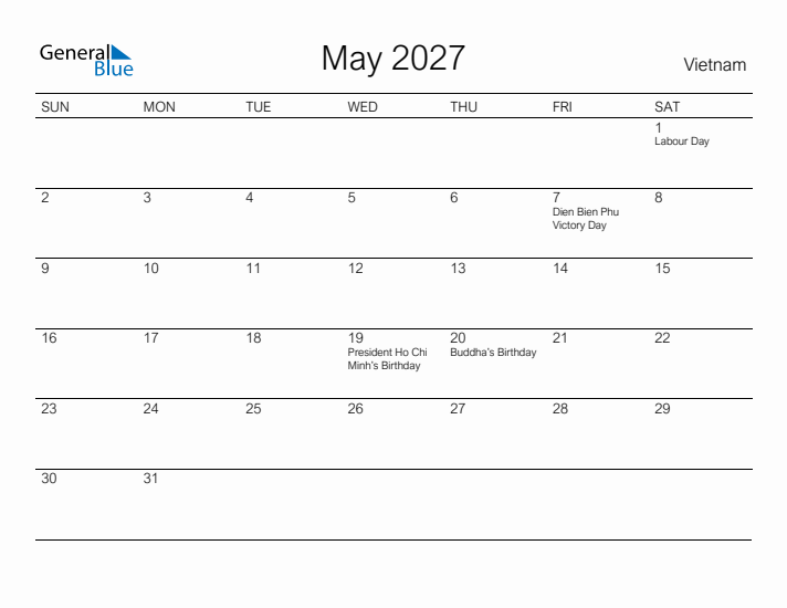 Printable May 2027 Calendar for Vietnam