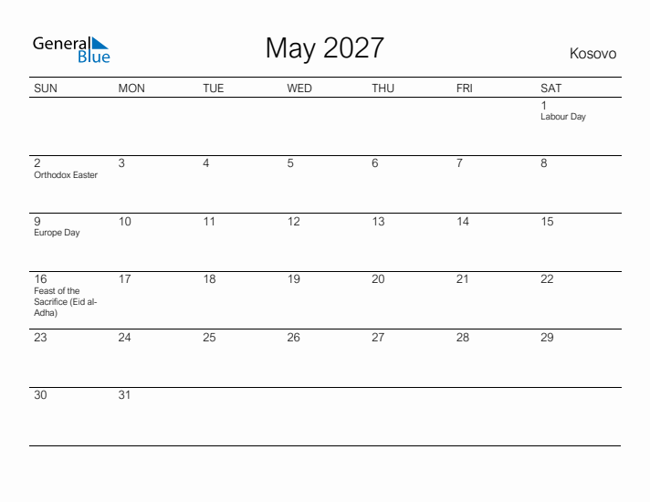 Printable May 2027 Calendar for Kosovo