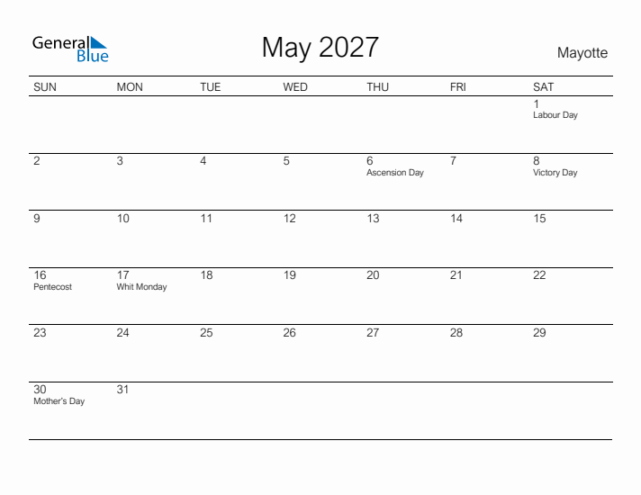 Printable May 2027 Calendar for Mayotte